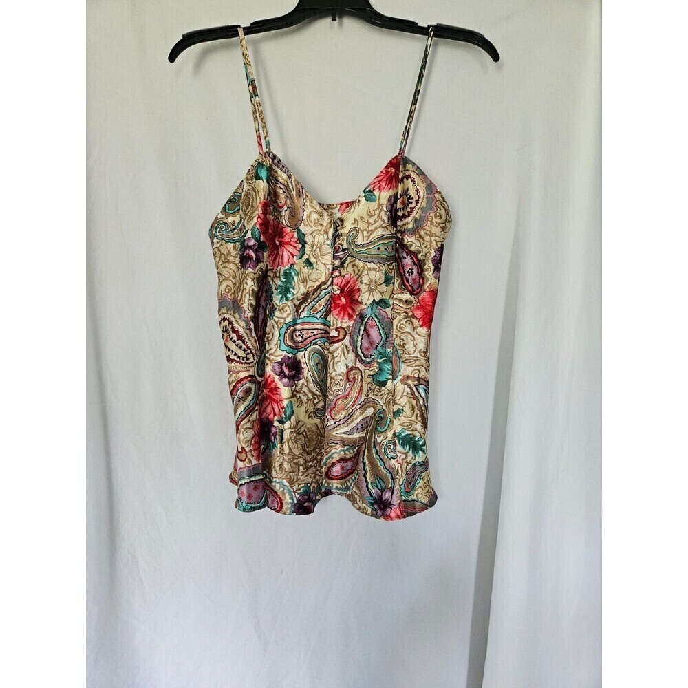 VTG 90s Y2K Floral Paisley‎ Beigh Satin Camisole Tank Top Lingerie Sz M Kathryn